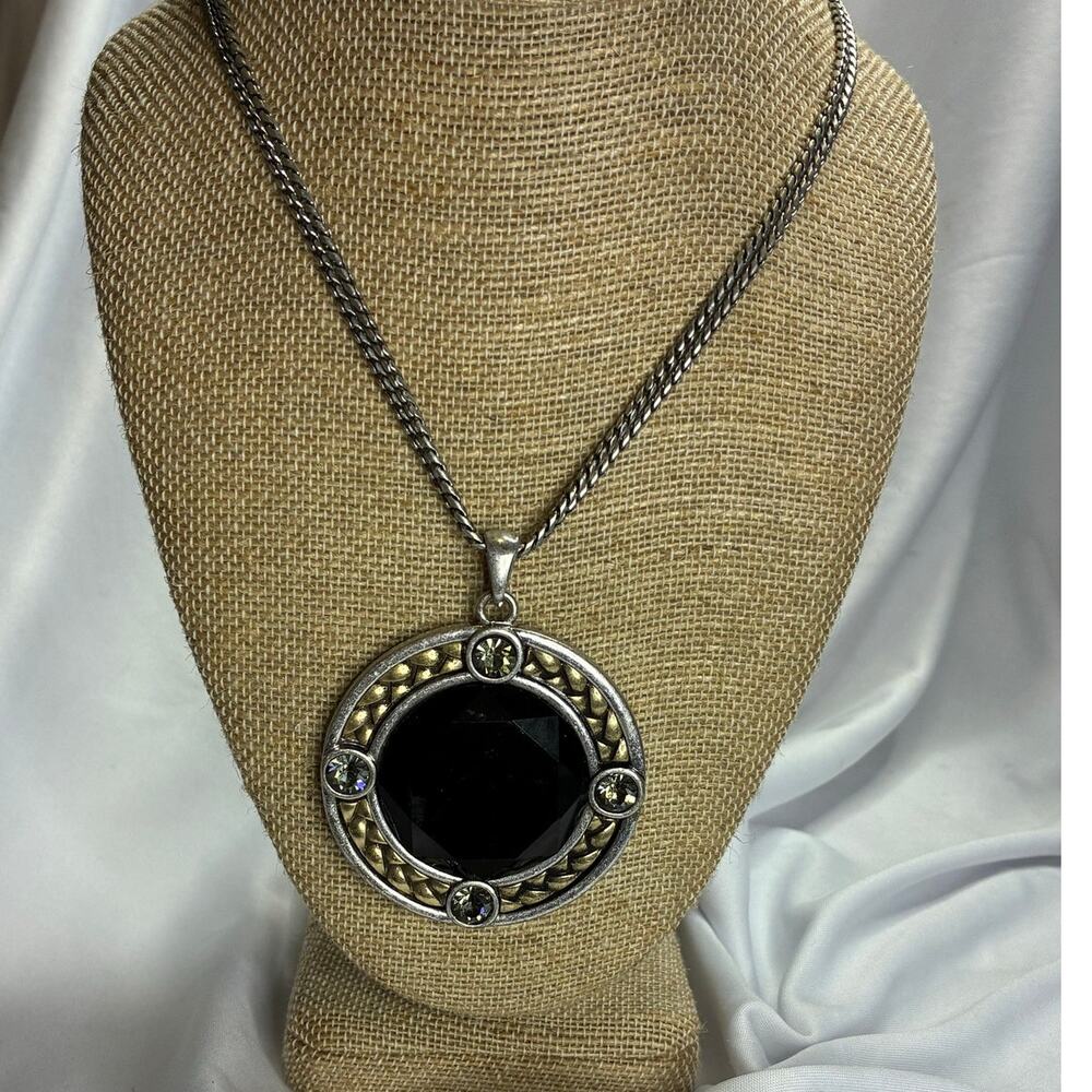 Laura Ashley Mixed Metal Statement Necklace - Black Faceted Medallion